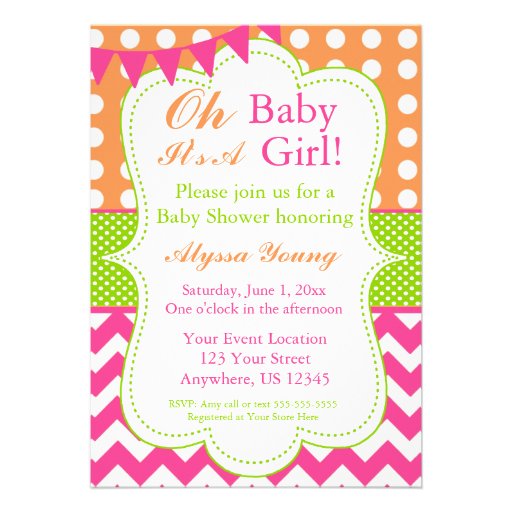 Pink Orange Green Baby Girl Shower Invite