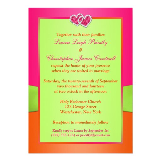 Pink Orange Lime Floral Joined Hearts Invitation 2