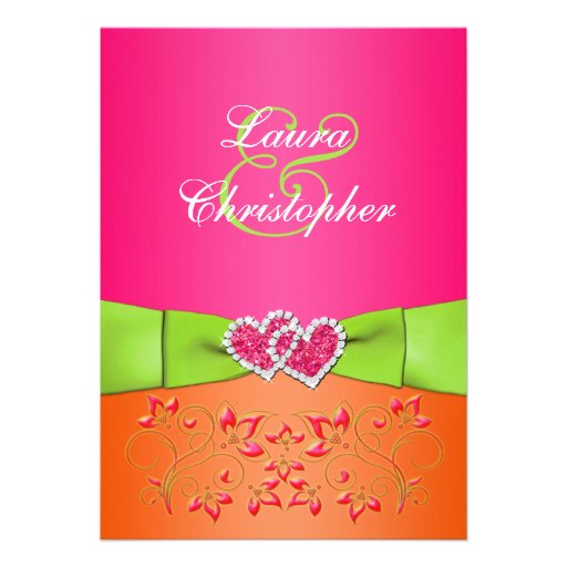 Pink Orange Lime Floral Joined Hearts Invitation 2