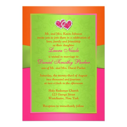Pink, Orange, Lime Floral Joined Hearts Invite 2
