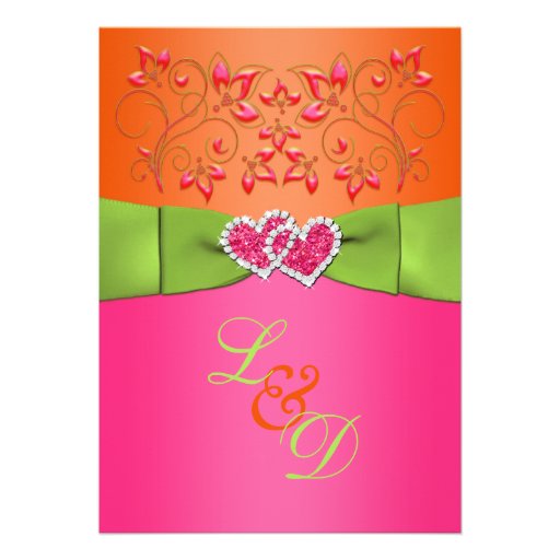 Pink, Orange, Lime Floral Joined Hearts Invite 2