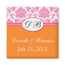 Pink Orange Monogram Damask Wedding Magnet