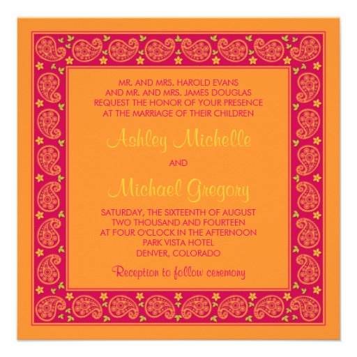 Pink Orange Paisley Floral Wedding Invitation