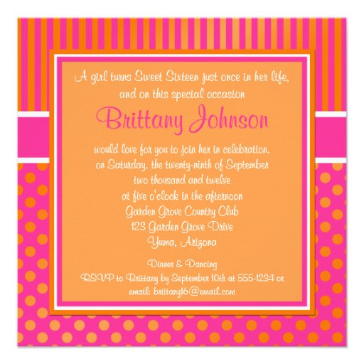 Pink, Orange Polka Dots Sixteenth Birthday Invite