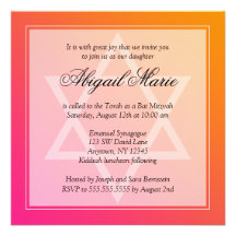 Pink Orange Star of David Bat Mitzvah Square Custom Invitations
