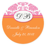 Pink Orange Wedding Monogram Damask Seal Round Sticker