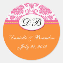 Pink Orange Wedding Monogram Damask Seal Round Sticker