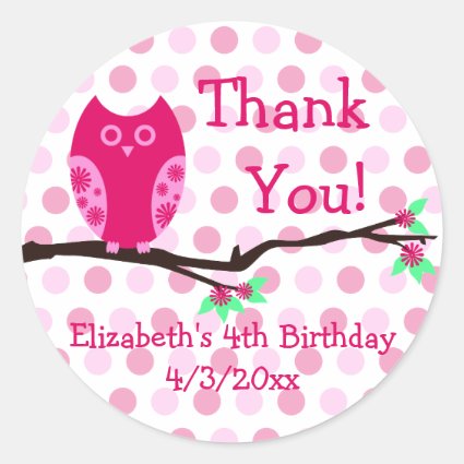 Pink Owl 4th Birthday Personalized Favor Tags Stickers