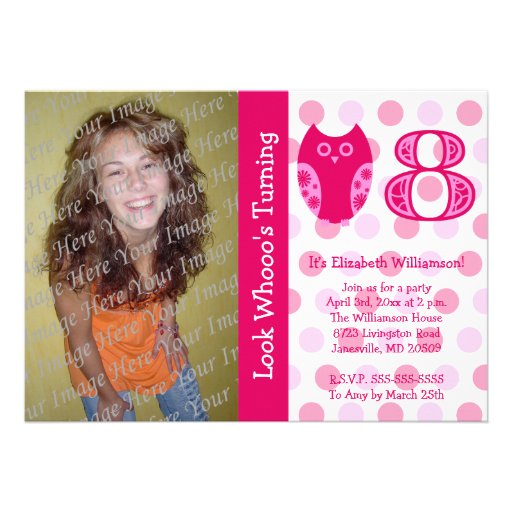 Pink Owl 8th Birthday Party Photo Invitations