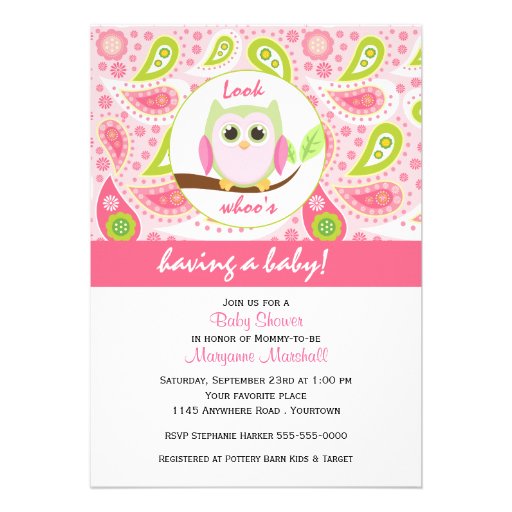 Pink Owl and Paisley Print Baby Shower Invitation (front side)