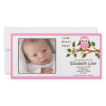 Pink Owl Baby Girl Birth Annoucement Photo Card Template