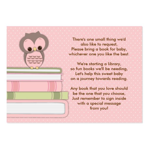 Pink Owl Baby Shower Book Insert Request Card Business Card Templates (front side)