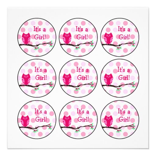 Pink Owl Baby Shower Cupcake Toppers or Favor Tags Custom Invitations