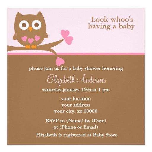 Pink Owl Baby Shower Invitations (front side)