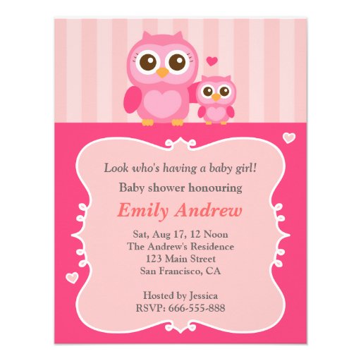 Pink owl baby shower, mummy and child announcement (front side)