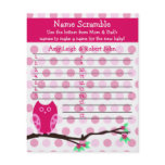 Pink Owl Baby Shower Personalized Game flyers