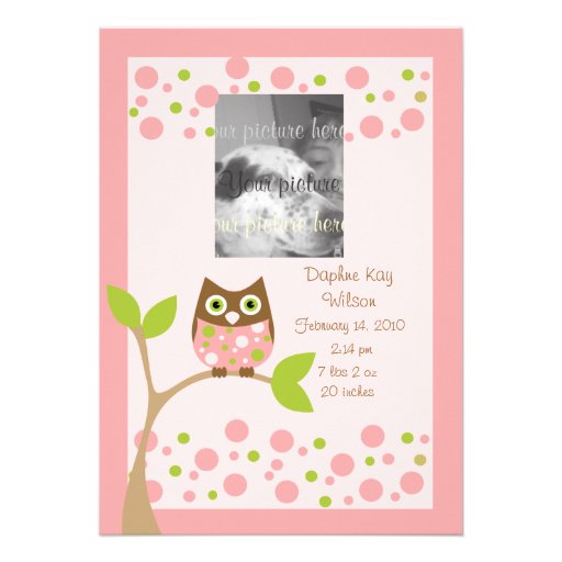 Pink Owl Birth Announcment.. Personalized Invite