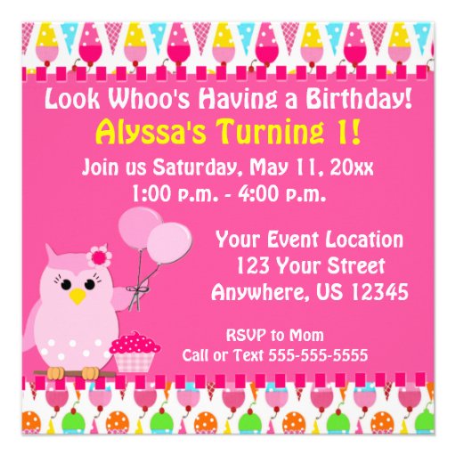 Pink Owl Birthday Invitation