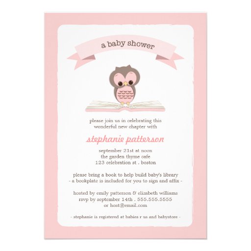 Pink Owl Bring a Book Baby Shower Invitation (front side)