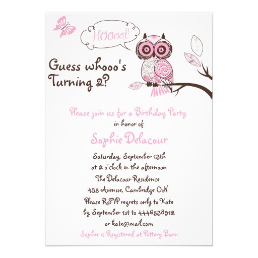 Pink Owl & Butterfly Floral Birthday Invitation
