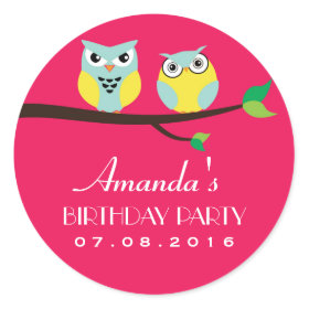 Pink Owl Cartoon Birthday Sticker for Kids Party