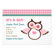Pink Owl Girl's Birth Announcement invitations