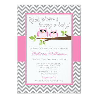 Pink Owl Gray Chevron Girl Baby Shower 5x7 Paper Invitation Card