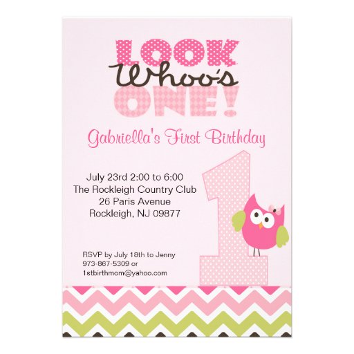 Pink Owl Large Number One 1st Birthday Invitation