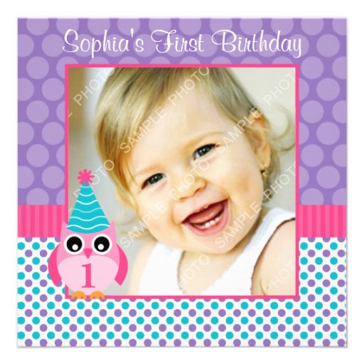 Pink Owl Multi Polka Dot 1st Birthday Girl Photo Custom Invites (front side)