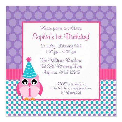 Pink Owl Multi Polka Dot 1st Birthday Girl Photo Custom Invites