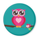 Pink Owl on Tree Branch Refrigerator Magnets