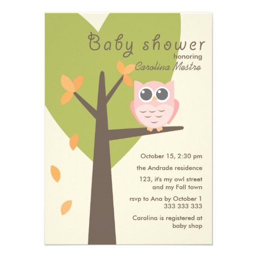 Pink Owl Tree Branch Leaves Autumn Baby Shower Personalized Announcements