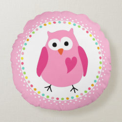 Pink owl with heart and colourful polka dot border round pillow
