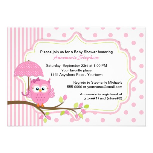 Pink Owl with Umbrella Girls Baby Shower Personalized Invitations (front side)