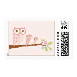 Pink Owls on a branch postage stamp
