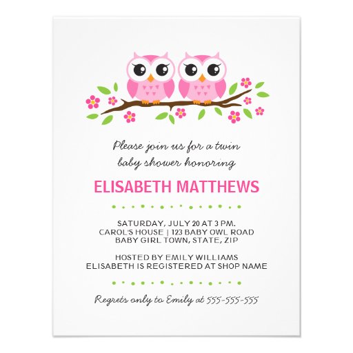 Pink owls on floral branch twin girls baby shower announcements