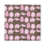 Pink Owls, Trees and Elephants on Brown magnets
