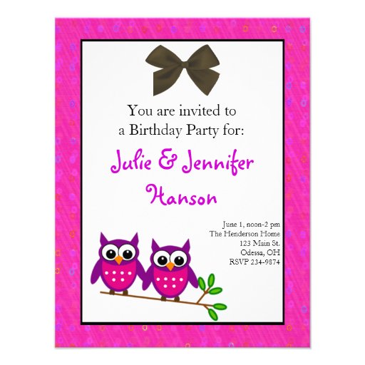 Pink Owls Twin Girls Birthday Invitation