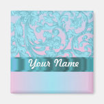 Pink & pale blue damask lace fridge magnet