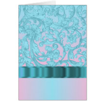 Pink & pale blue damask lace greeting card