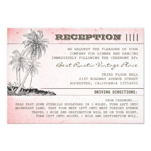 pink palm trees tropical beach wedding reception personalized invite
