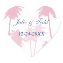 Pink Palm Trees Tropical Wedding Heart Stickers