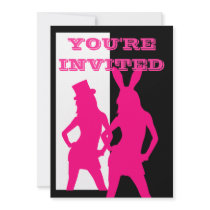 Pink party girls on black and white personalized invitation