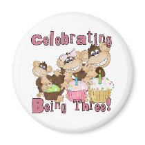 Pink Party Monkey 3rd Birthday Tshirts and Gifts Fridge Magnets