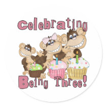 Pink Party Monkey 3rd Birthday Tshirts and Gifts Stickers