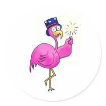 Pink Patriotic Flamingo Hat Sparkler Round Stickers