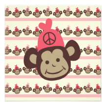 Pink Peace Monkey Custom Birthday Invitation