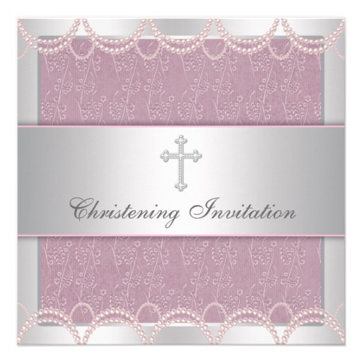 Pink Pearl Cross Baby Girl Baptism Christening Invitation