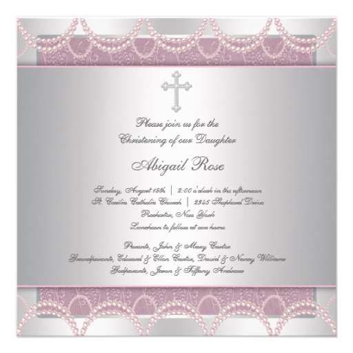 Pink Pearl Cross Baby Girl Baptism Christening Invitation