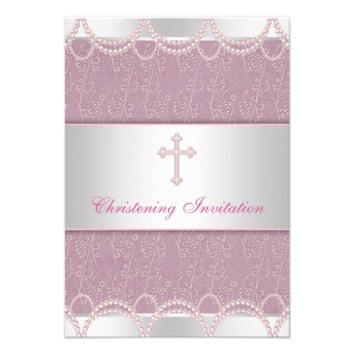 Pink Pearl Cross Baby Girl Baptism Christening Personalized Invites (front side)